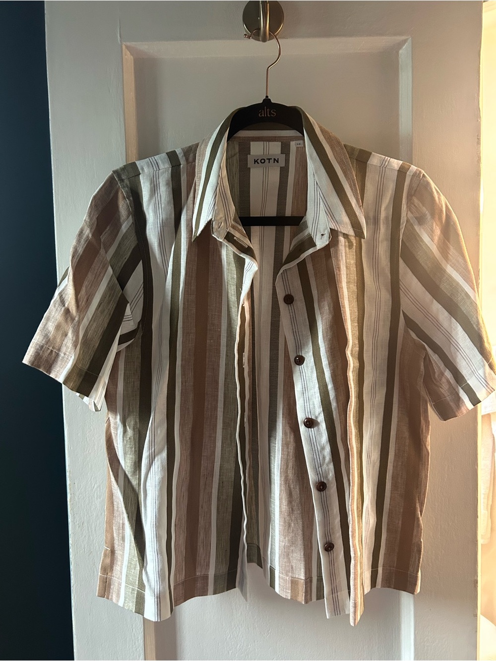 KOTN Short-Sleeve Vertical Stripe Button-Up Shirt in Beige, Olive, and White
